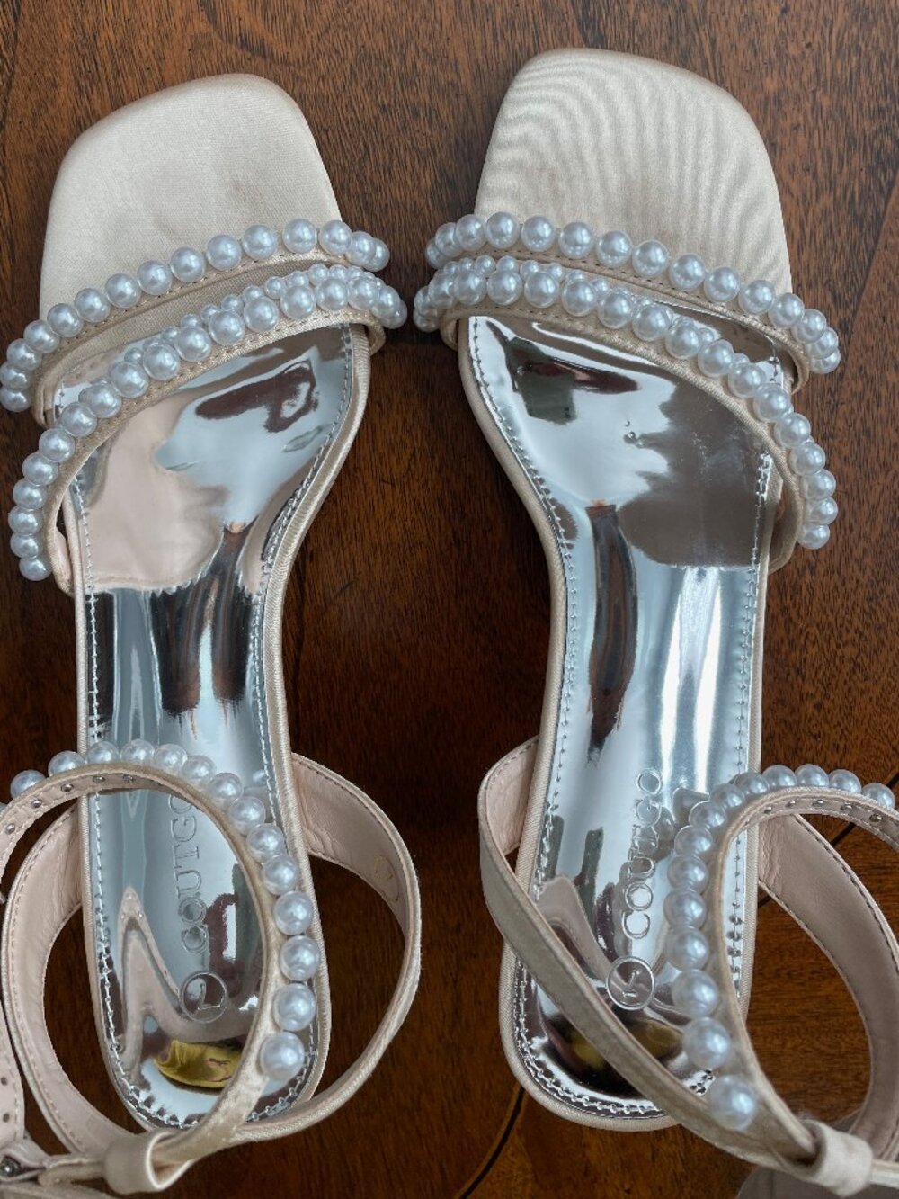 Coutgo Womens Pearl Kitten Heels Dress Sandals